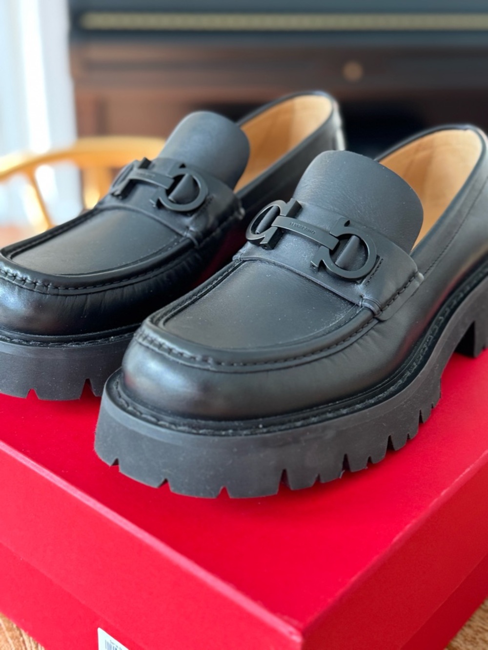 Salvatore Ferragamo Cocoon Black Leather Lug-Sole Loafers